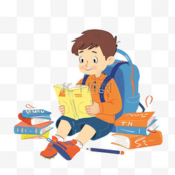 卡通可爱男孩背着手绘书包学习元