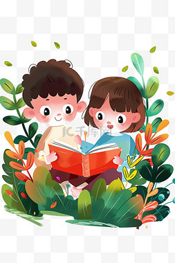 坐着读书的孩子图片_卡通可爱孩子绿植读书手绘元素