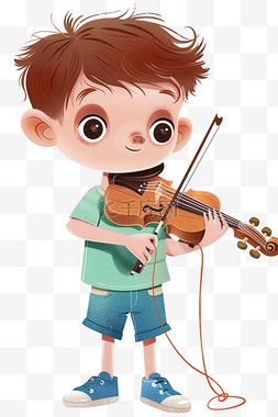 蓝色x展架易拉宝图片_可爱男孩手绘拉着小提琴卡通元素