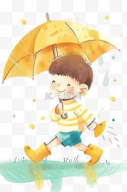 雨中可爱男孩玩耍卡通手绘元素