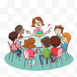 一个女老师图片_一群孩子上课手绘元素讨论卡通