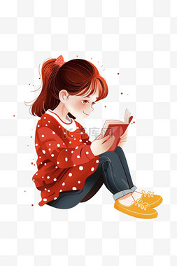 可爱的女孩坐着读书手绘卡通元素