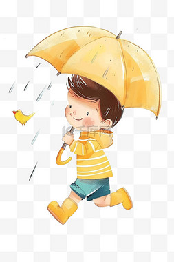 拿雨伞的男孩图片_手绘可爱男孩雨中玩耍卡通元素