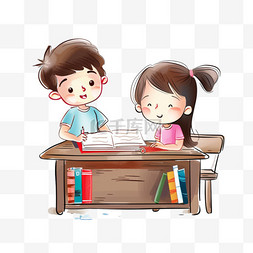 在书上的孩子图片_手绘元素孩子读书书桌卡通