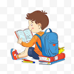 卡通蓝色短裤图片_可爱男孩背着书包学习元素