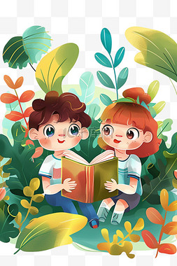 简约绿纯色背景图片_可爱孩子卡通绿植读书元素手绘