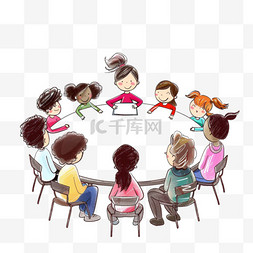 一个女老师图片_一群孩子上课讨论卡通元素手绘