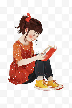 读书红色图片_手绘元素可爱的女孩坐着读书卡通