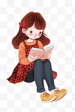 穿着红色的衣服图片_卡通可爱的女孩元素坐着读书手绘