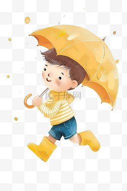 可爱男孩卡通手绘雨中玩耍元素