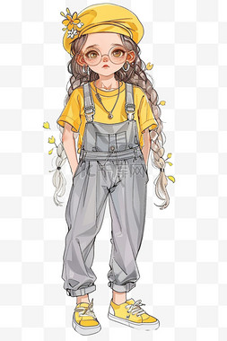 纯色黄色t恤图片_时尚可爱女孩穿着背带裤卡通手绘