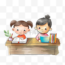 孩子卡通读书书桌手绘元素