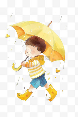 拿着雨伞的男孩图片_手绘可爱男孩雨中玩耍卡通元素