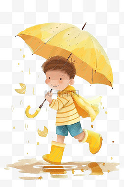 拿着雨伞的男孩图片_可爱男孩雨中手绘玩耍卡通元素