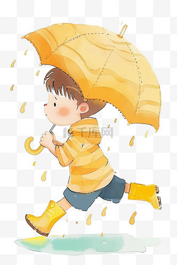 条纹卡通短袖图片_可爱男孩手绘元素雨中玩耍卡通