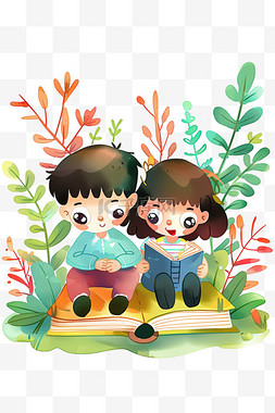 坐着读书的孩子图片_可爱孩子读书卡通绿植手绘元素