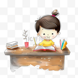 一个男孩一个女孩图片_孩子手绘元素读书书桌卡通