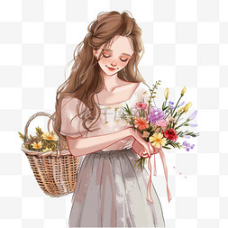 一束花篮图片_妇女节插画女孩鲜花手绘元素