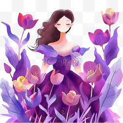 紫色插画叶子图片_女性郁金香花手绘插画妇女节元素