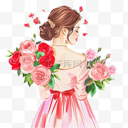 裙子的插画图片_妇女节手绘女人鲜花插画元素