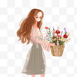 女孩鲜花手绘妇女节插画元素