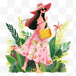 粉色背景长背景图片_绿叶妇女节时尚女人购物手绘元素
