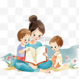卡通听妈妈讲故事图片_手绘亲子元素阅读读书卡通