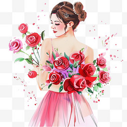 裙子粉色图片_妇女节手绘插画女人鲜花元素