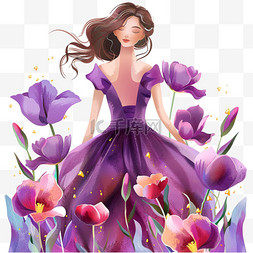 紫色的郁金香图片_妇女节女性郁金香花元素手绘插画