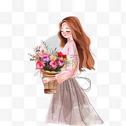 拿鲜花的图片_元素妇女节女孩鲜花手绘插画