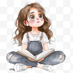 坐着看书的女孩图片_可爱女孩手绘呆萌坐着看书元素