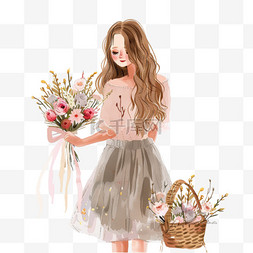 裙子粉色图片_插画妇女节女孩鲜花手绘元素