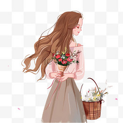 鲜花时尚图片_手绘妇女节女孩鲜花插画元素