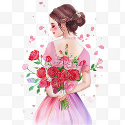 妇女节背景红色图片_妇女节女人鲜花手绘插画元素