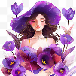 紫色的郁金香图片_妇女节女性郁金香花插画元素手绘