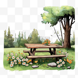 3d草地木椅元素立体免抠图案