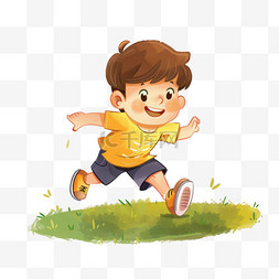 在奔跑图片_春天可爱卡通男孩草地奔跑手绘元