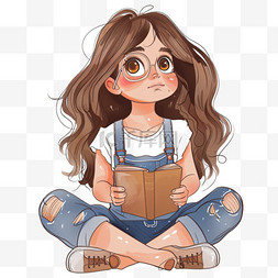 坐着看书的女孩图片_可爱卡通手绘女孩呆萌坐着看书元