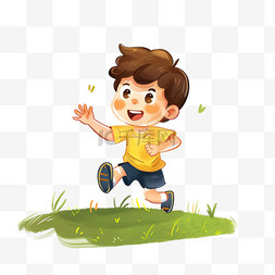 在草地上奔跑图片_可爱男孩草地奔跑卡通春天手绘元
