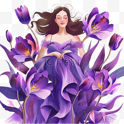 紫色的郁金香图片_妇女节手绘女性郁金香花插画元素
