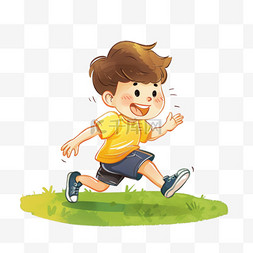 在奔跑图片_春天可爱男孩草地奔跑手绘卡通元