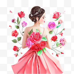 粉色裙子的女人图片_妇女节元素女人鲜花手绘插画