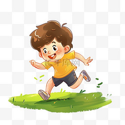 在奔跑图片_可爱男孩草地奔跑卡通手绘元素春