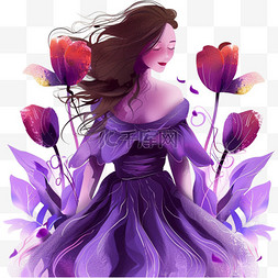 紫色时尚花图片_妇女节女性郁金香花插画手绘元素