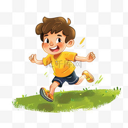 男孩在草地上图片_春天可爱男孩草地奔跑卡通手绘元