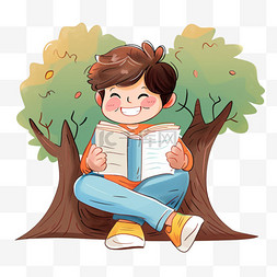 卡通可爱男孩元素树下读书手绘