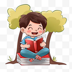 坐在树下读书图片_可爱男孩树下手绘读书卡通元素