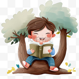 坐在树上读书图片_手绘元素可爱男孩树下读书卡通
