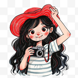 红色条纹帽子图片_卡通可爱的女孩元素拍照手绘
