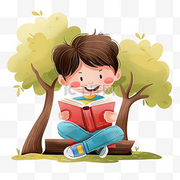 可爱男孩卡通手绘树下读书元素